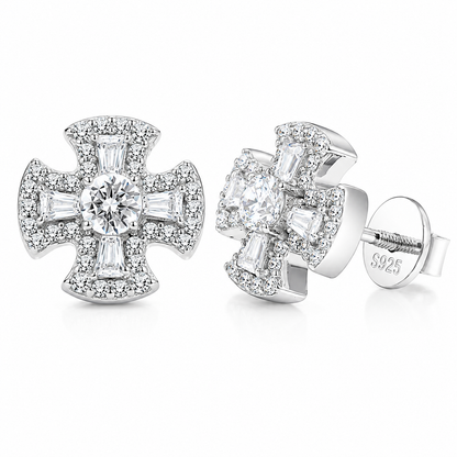 925 Silver Moissanite Maltese Cross Baguette Stud Earrings TQE0567