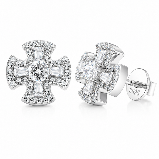 925 Silver Moissanite Maltese Cross Baguette Stud Earrings TQE0567