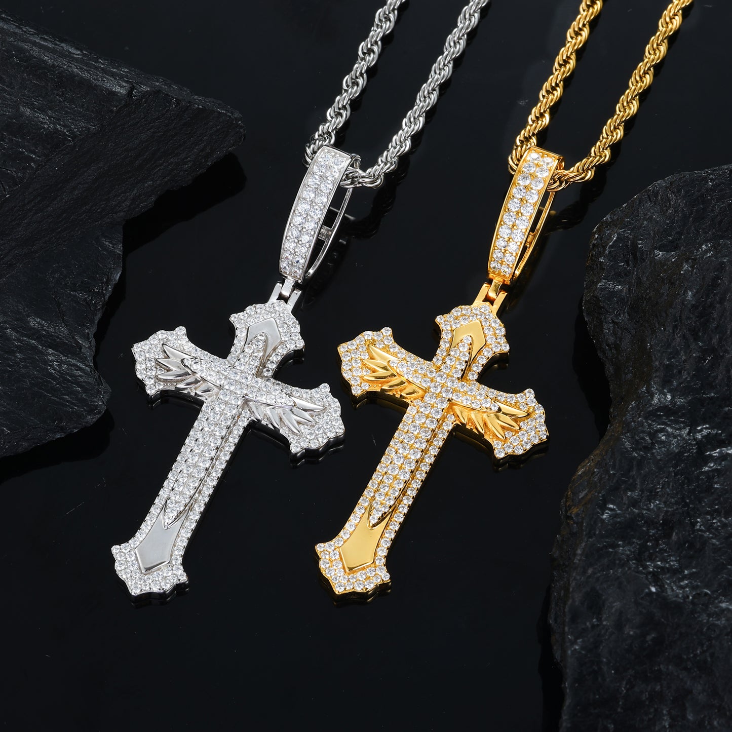 925 Silver Moissanite Feather Cross Pendant for Men TQP0681