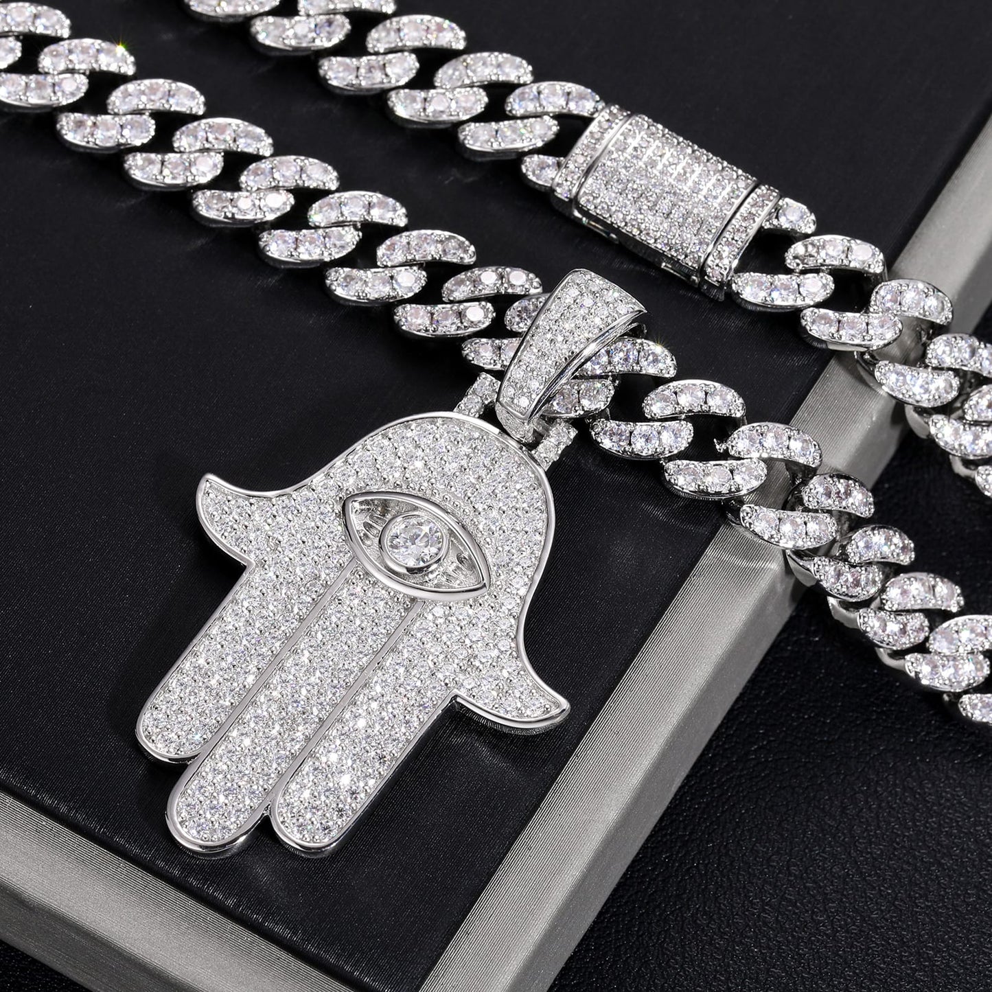 925 Silver Moissanite Iced Out Hamsa Hand Pendant TQP0191