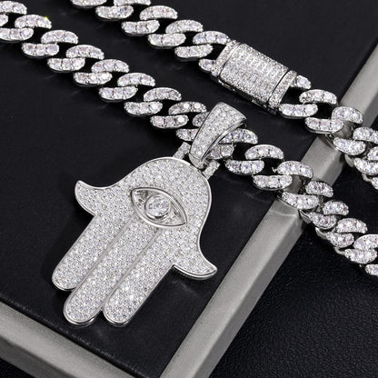 925 Silver Moissanite Iced Out Hamsa Hand Pendant TQP0191