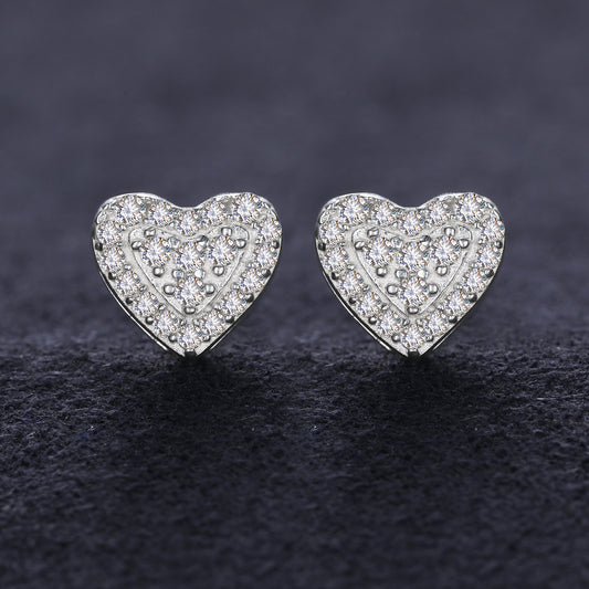 925 Silver Moissanite Layered Heart Pave Stud Earrings TQE0194