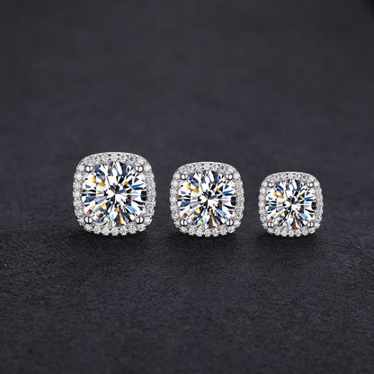 925 Silver Moissanite Square Cushion Halo Stud Earrings TQE0207