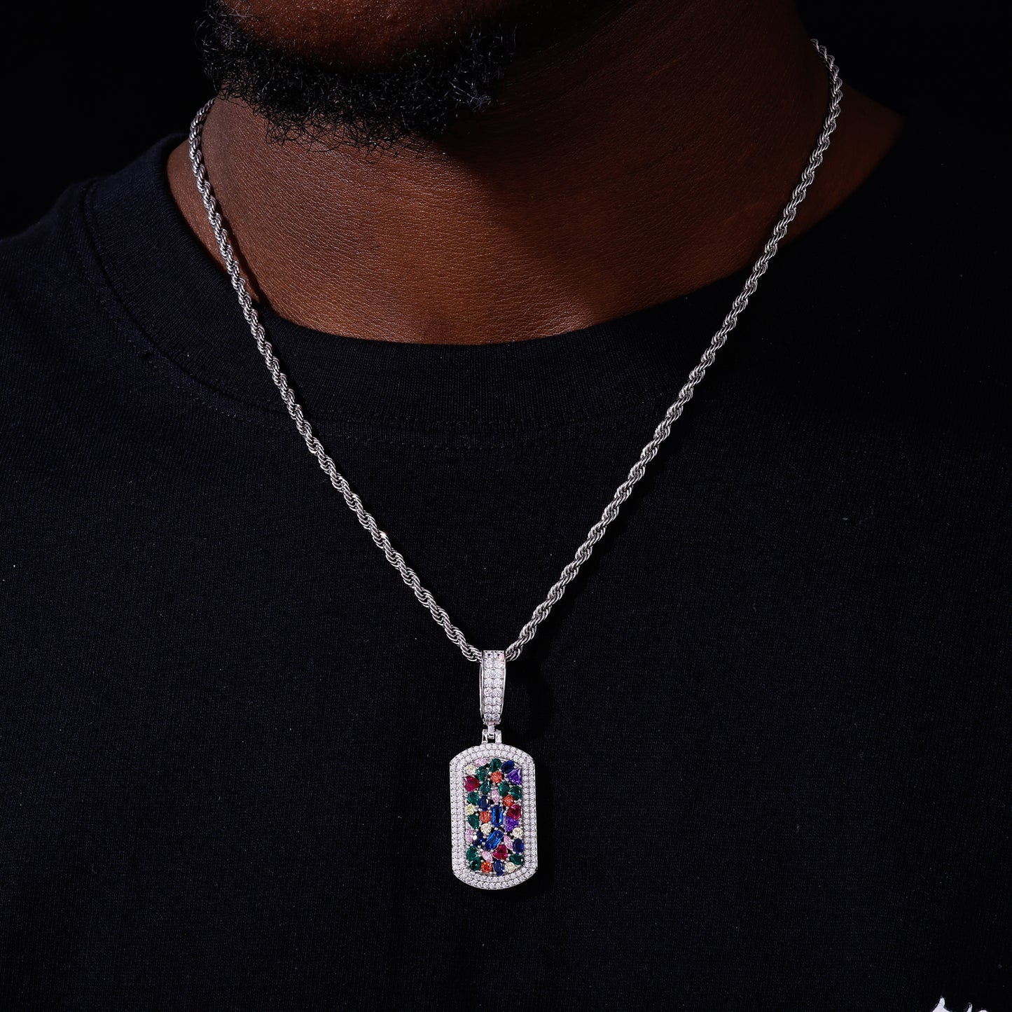 925 Silver Moissanite Multicolor Gem Plaque Pendant TQP0797