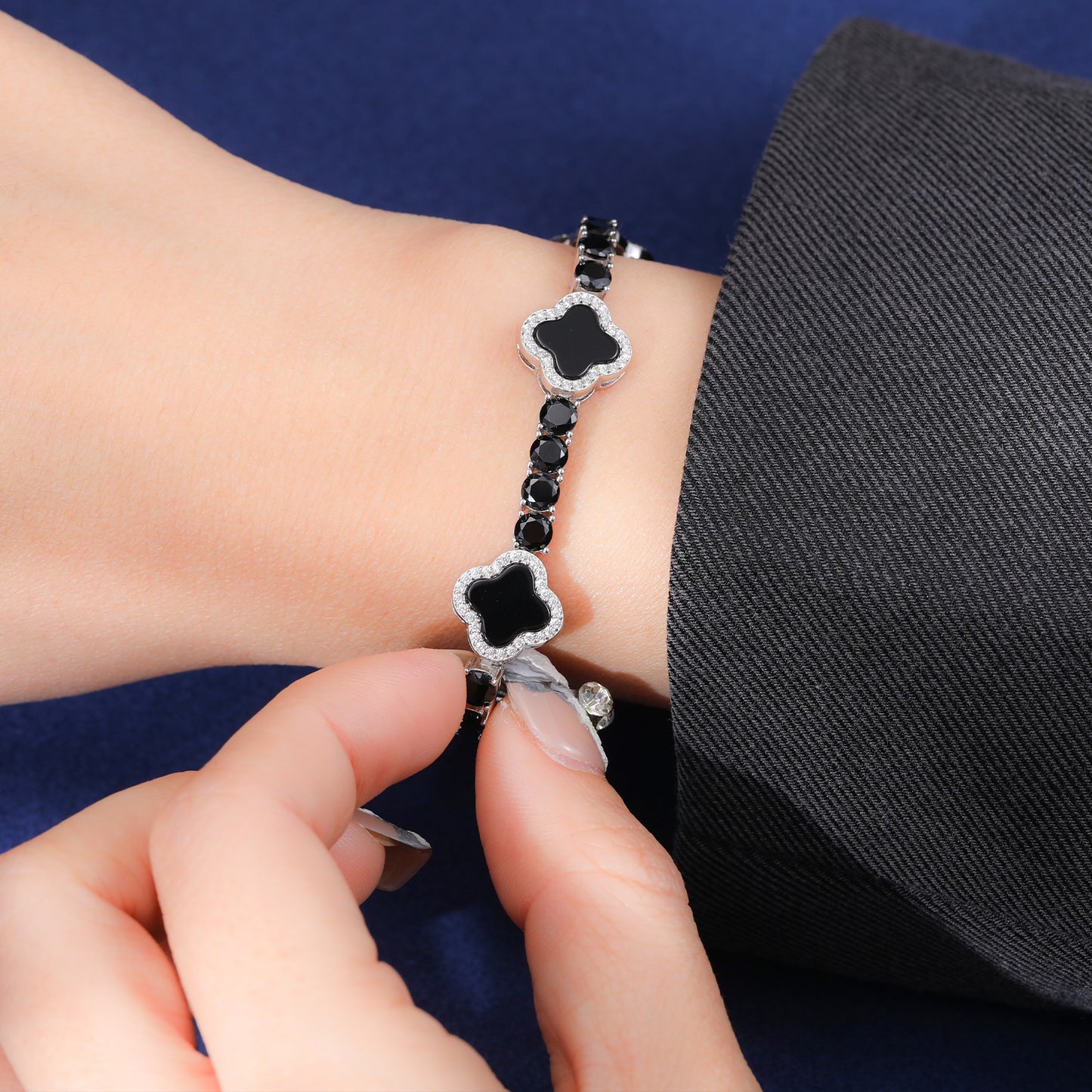 925 Silver Moissanite Black Clover Tennis Bracelet TQB0163