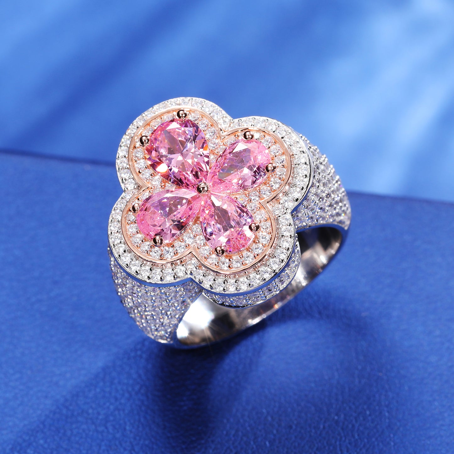925 Silver Moissanite Blue Clover Statement Ring TQR0282