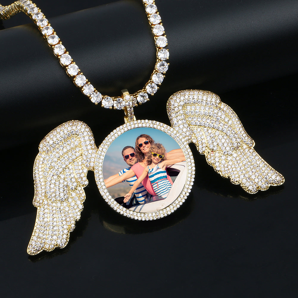 Custom Angel Wing Photo Pendant Iced Picture Jewelry CZP0237