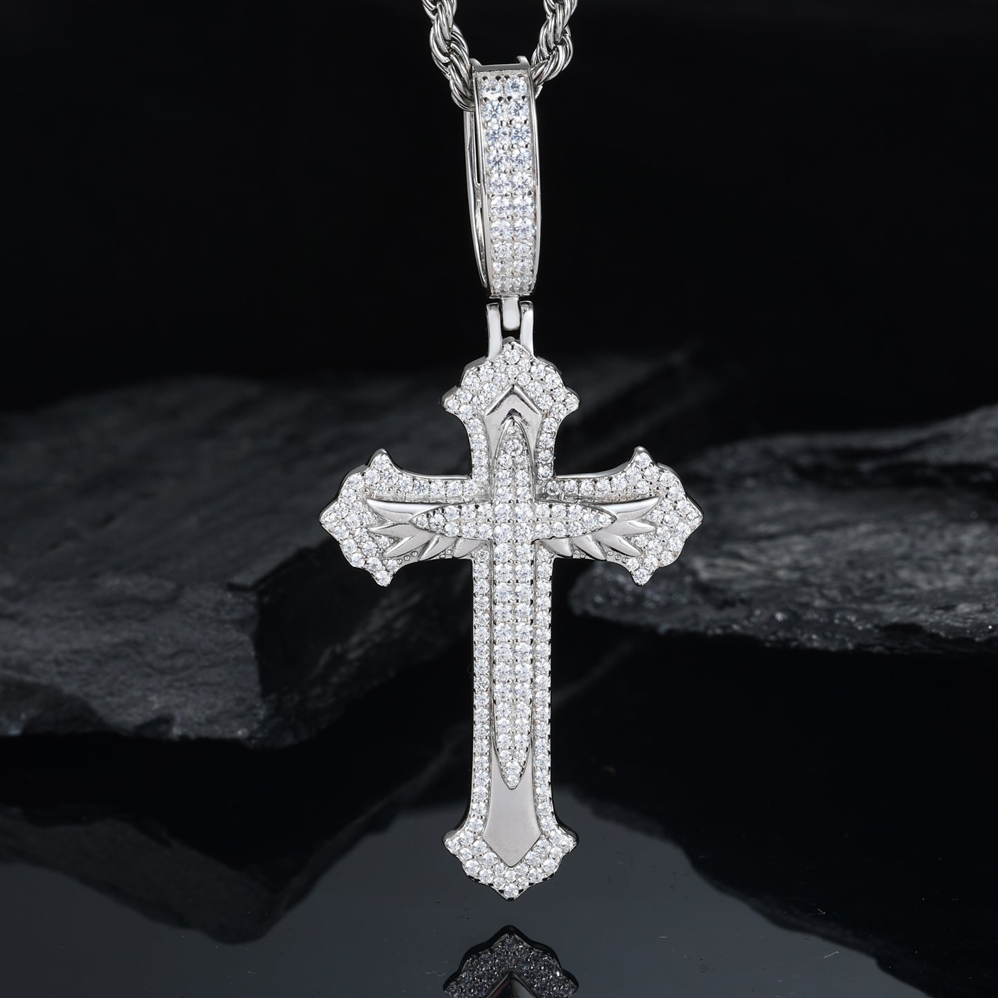 925 Silver Moissanite Feather Cross Pendant for Men TQP0681