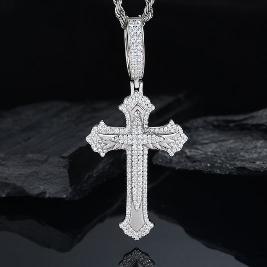 925 Silver Moissanite Feather Cross Pendant for Men TQP0681