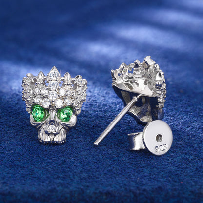 925 Silver Moissanite Green Eye Crown Skull Stud Earrings TQE0609