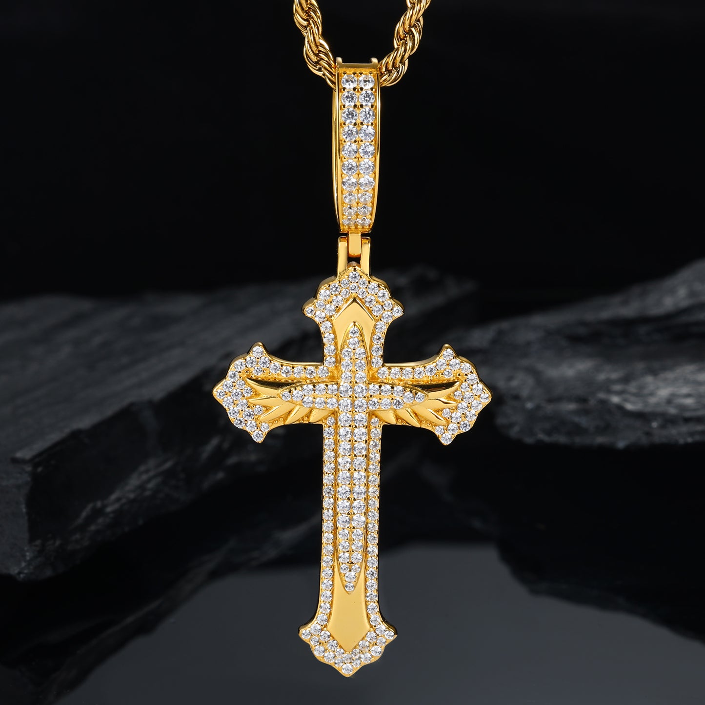 925 Silver Moissanite Feather Cross Pendant for Men TQP0681