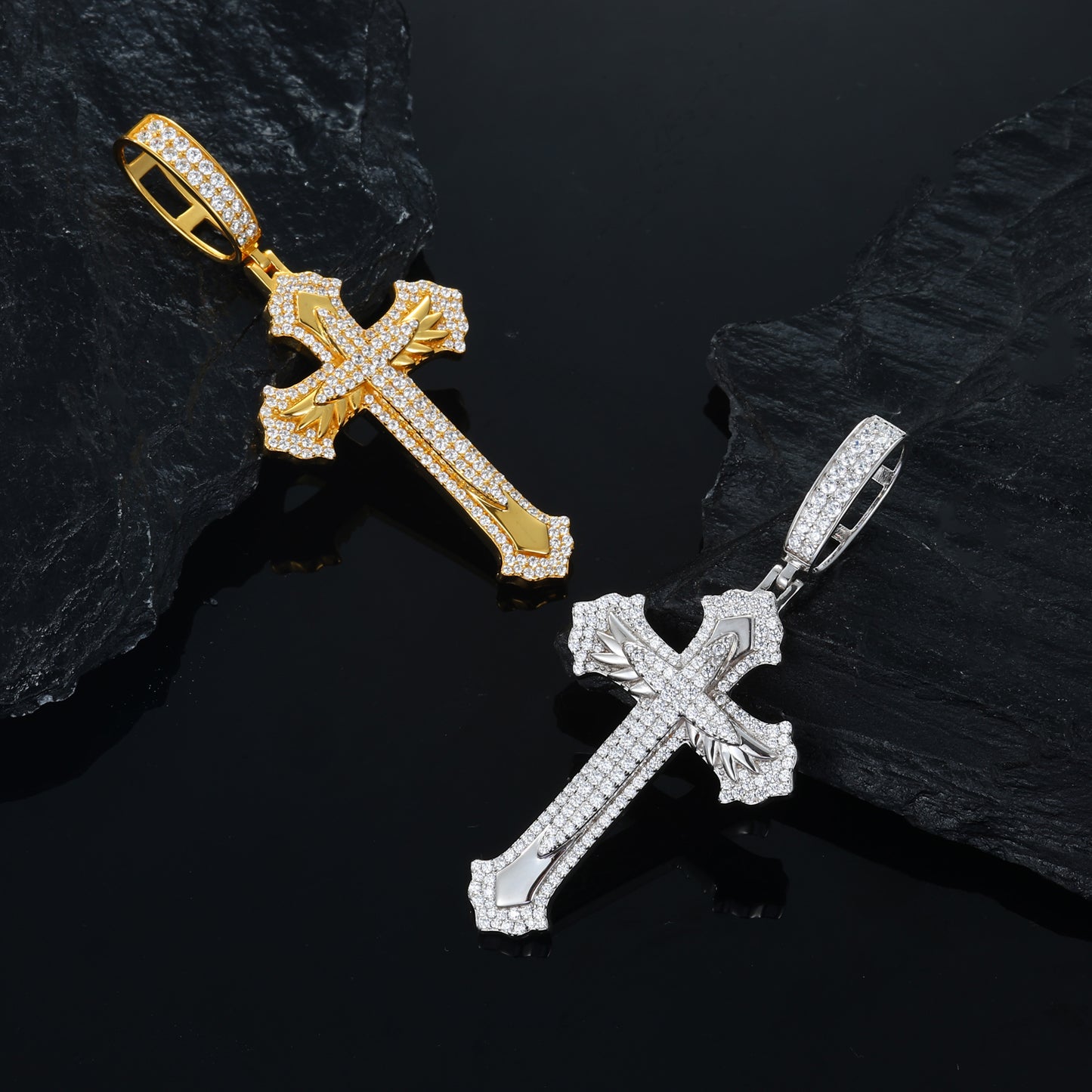 925 Silver Moissanite Feather Cross Pendant for Men TQP0681