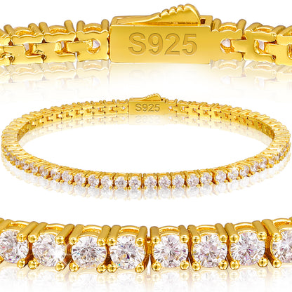 925 Silver Moissanite Gold Finish Box Clasp Tennis Bracelet 3mm 5mm TQB0016
