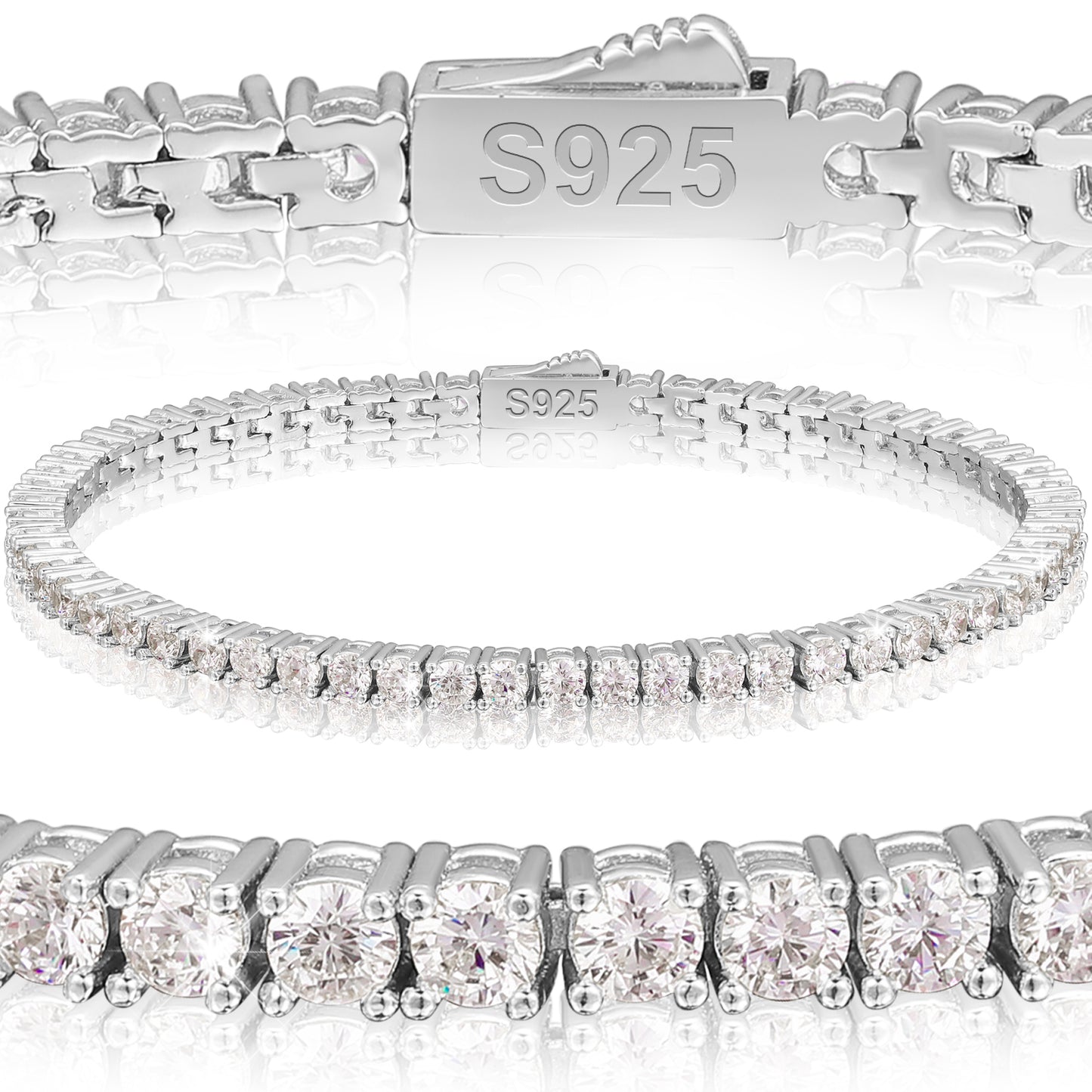 925 Silver Moissanite Gold Finish Box Clasp Tennis Bracelet 3mm 5mm TQB0016