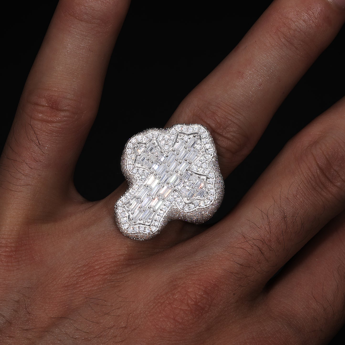 925 Silver Moissanite Baguette Cross Statement Ring for Men TQR0078