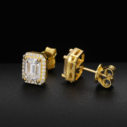 925 Silver Moissanite Emerald Cut Halo Stud Earrings TQE0185