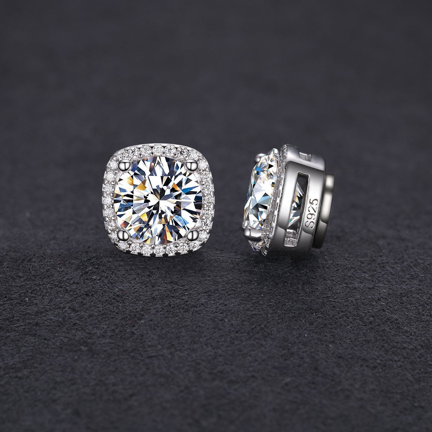 925 Silver Moissanite Square Cushion Halo Stud Earrings TQE0207