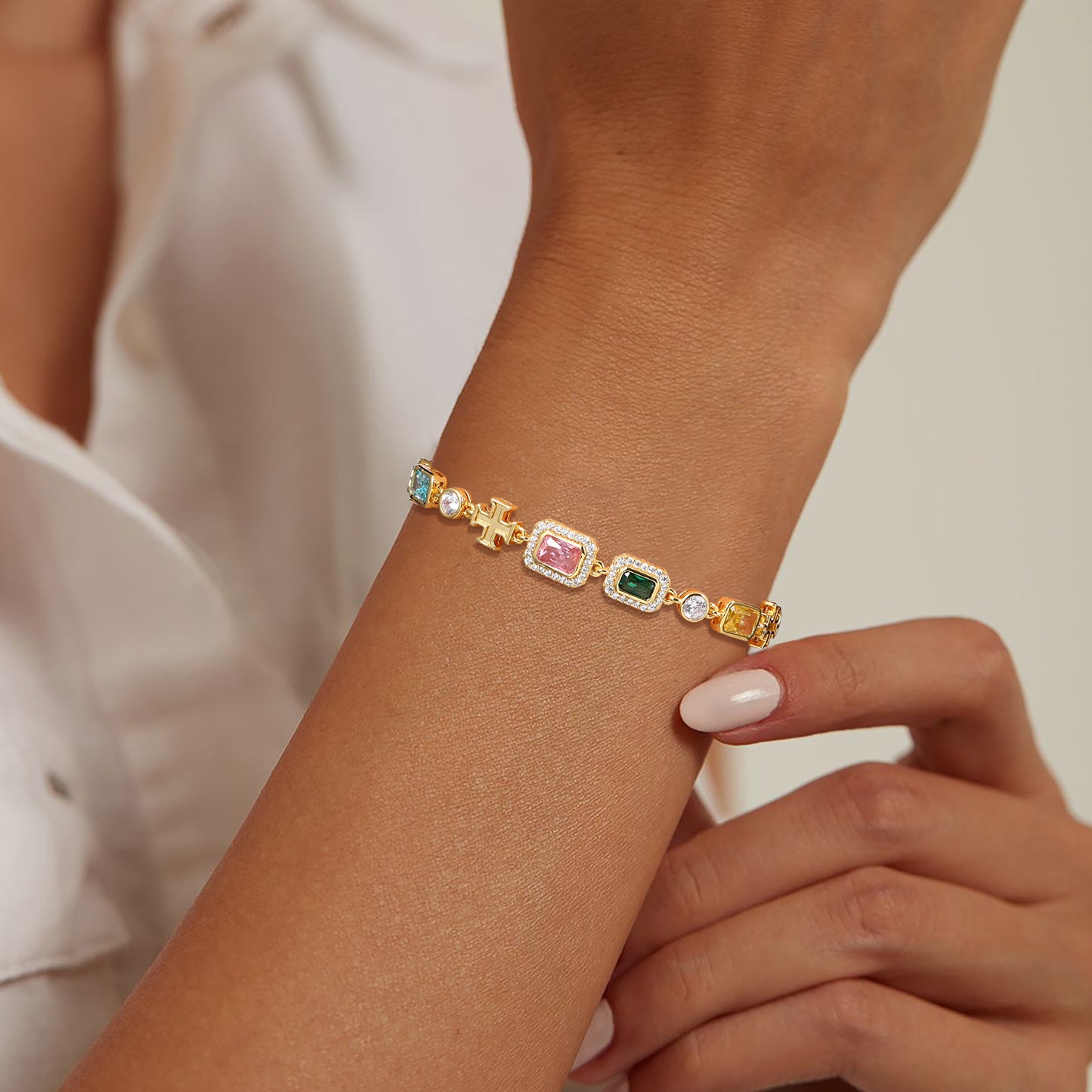 925 Silver Moissanite 7mm Multicolor Cross Tennis Bracelet TQB0257