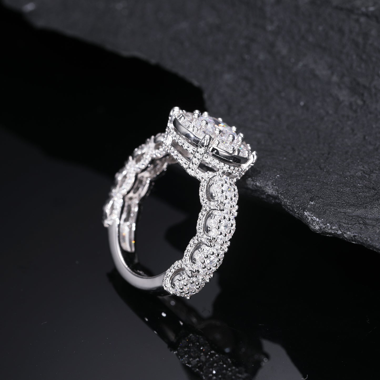 925 Silver Moissanite Round Halo Link Ring TQR0316