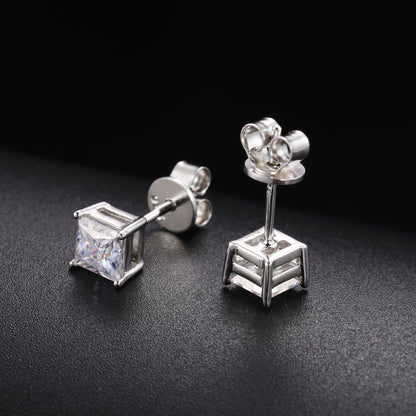 925 Silver Moissanite Princess Cut Solitaire Stud Earrings TQE0078