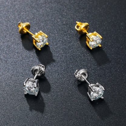 925 Silver Moissanite Round Cut Basket Set Screw Back Stud Earrings TQE0021