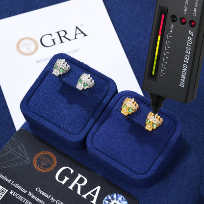 925 Silver Moissanite Green Eye Crown Skull Stud Earrings TQE0609