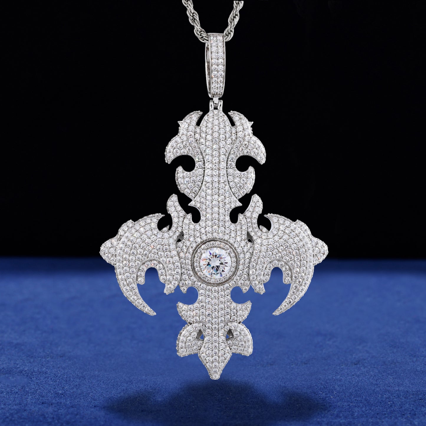 925 Silver Moissanite Oversized Fleur De Lis Cross Pendant TQP0922