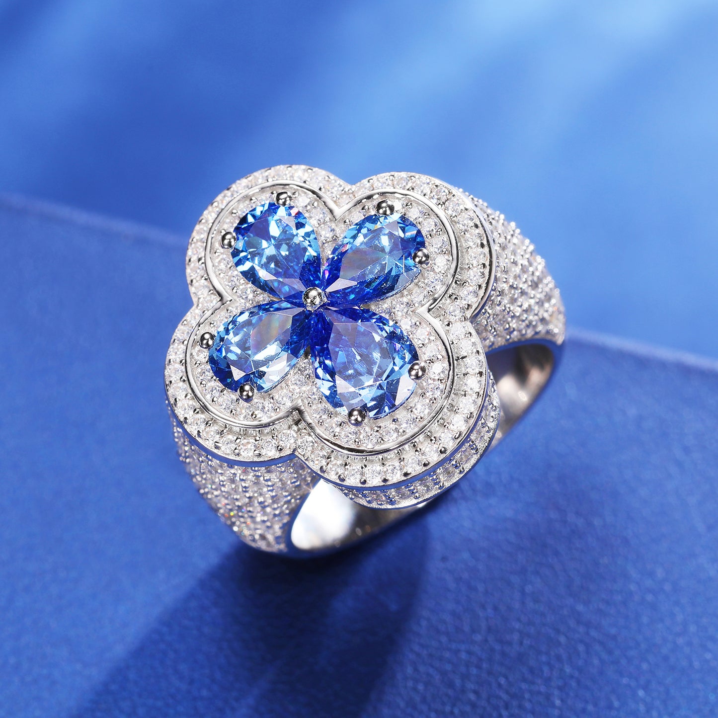 925 Silver Moissanite Blue Clover Statement Ring TQR0282