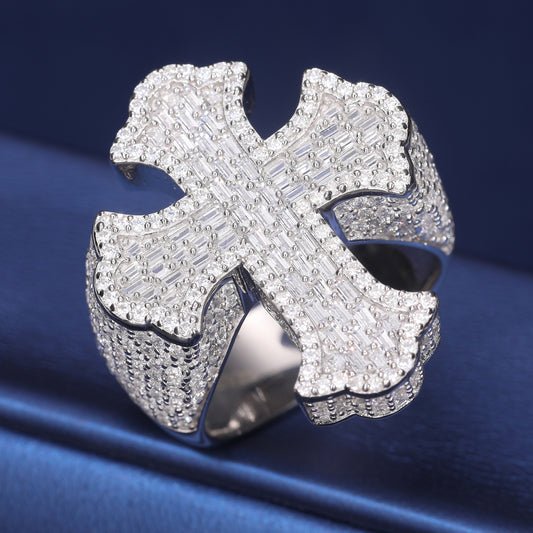 925 Silver Moissanite Baguette Cross Signet Ring for Men TQR0323