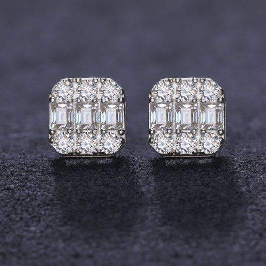 925 Silver Moissanite Geometric Baguette Cluster Stud Earrings TQE0188