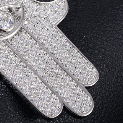 925 Silver Moissanite Iced Out Hamsa Hand Pendant TQP0191