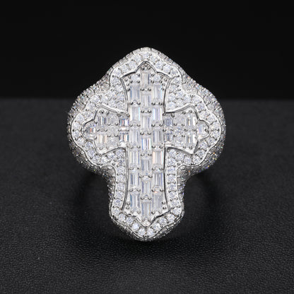 925 Silver Moissanite Baguette Cross Statement Ring for Men TQR0078