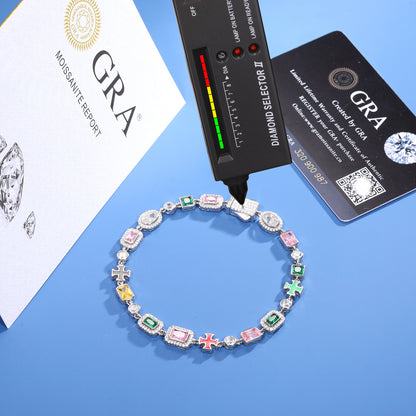 925 Silver Moissanite 7mm Multicolor Cross Tennis Bracelet TQB0257