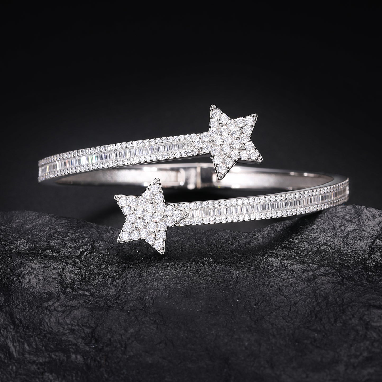 925 Silver Moissanite Double Star Open Bangle Bracelet TQB0156