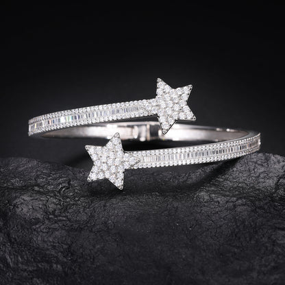 925 Silver Moissanite Double Star Open Bangle Bracelet TQB0156