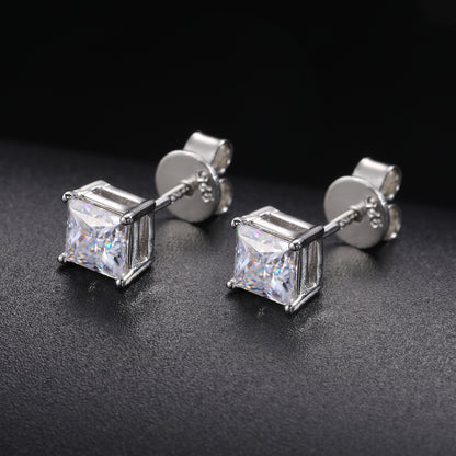 925 Silver Moissanite Princess Cut Solitaire Stud Earrings TQE0078