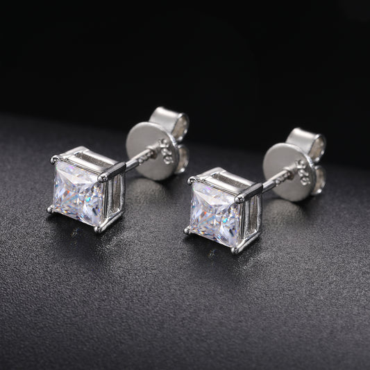 925 Silver Moissanite Princess Cut Solitaire Stud Earrings TQE0078