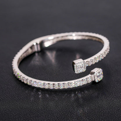 925 Silver Moissanite 3.8mm Slim Baguette Open Bangle Bracelet TQB0040