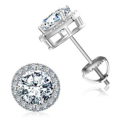 925 Silver Moissanite Milgrain Halo Screw Back Stud Earrings TQE0103