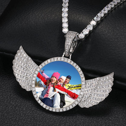 925 Silver Moissanite Angel Wing Custom Photo Pendant TQP0144