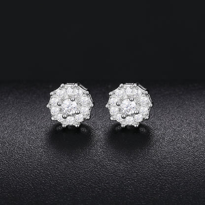 925 Silver Moissanite Round Halo Screw Back Stud Earrings TQE0150