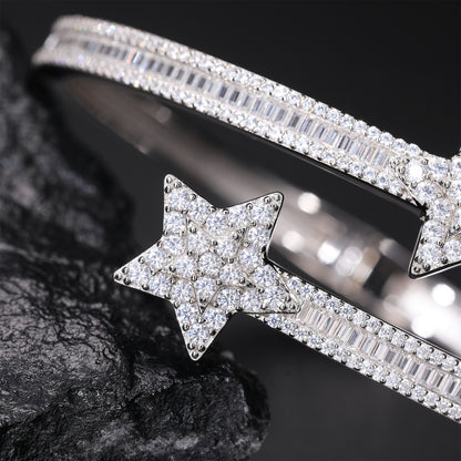 925 Silver Moissanite Double Star Open Bangle Bracelet TQB0156