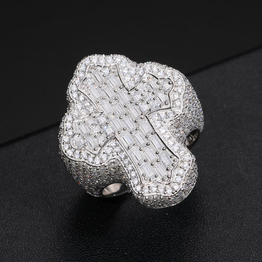 925 Silver Moissanite Baguette Cross Statement Ring for Men TQR0078