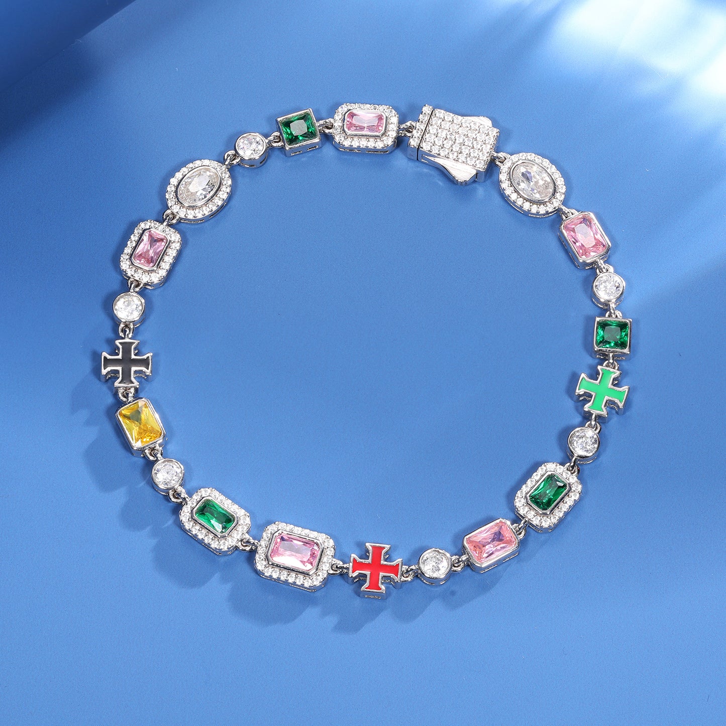 925 Silver Moissanite 7mm Multicolor Cross Tennis Bracelet TQB0257