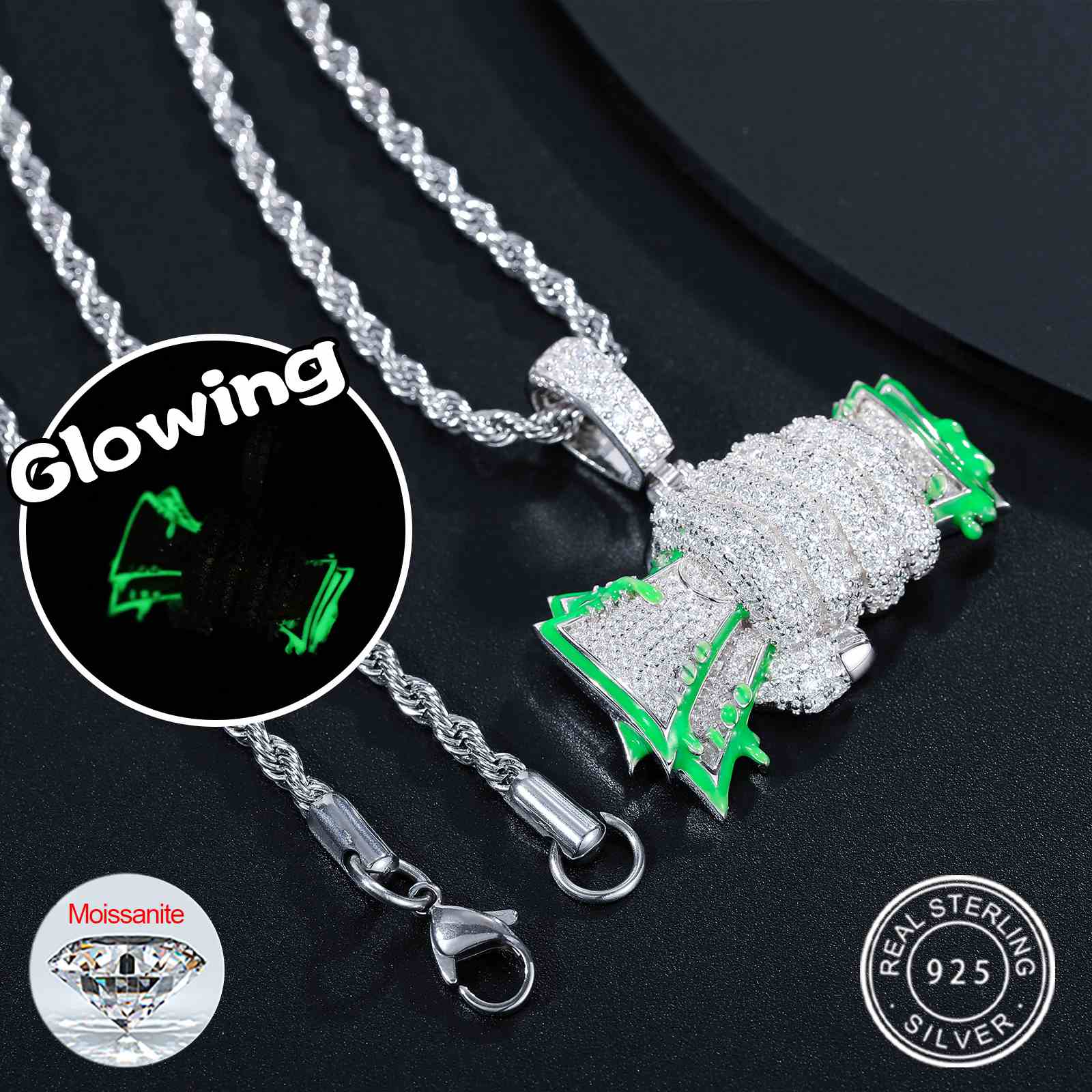 Glowing Fist Dollar Money Bag Pendant