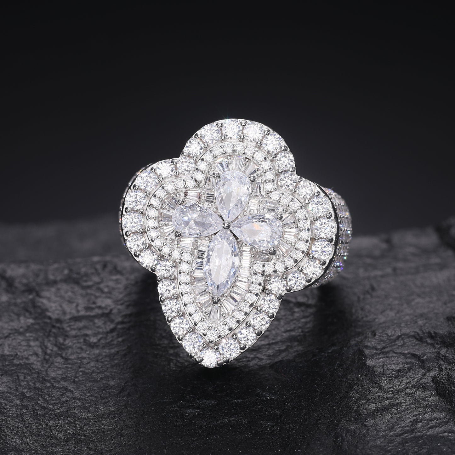 925 Silver Moissanite Pear Cut Clover Statement Ring TQR0319