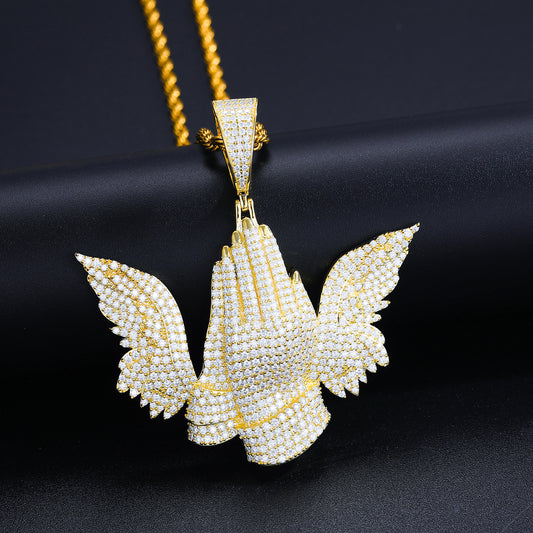925 Silver Moissanite Iced Out Praying Hands Wing Pendant TQP0241