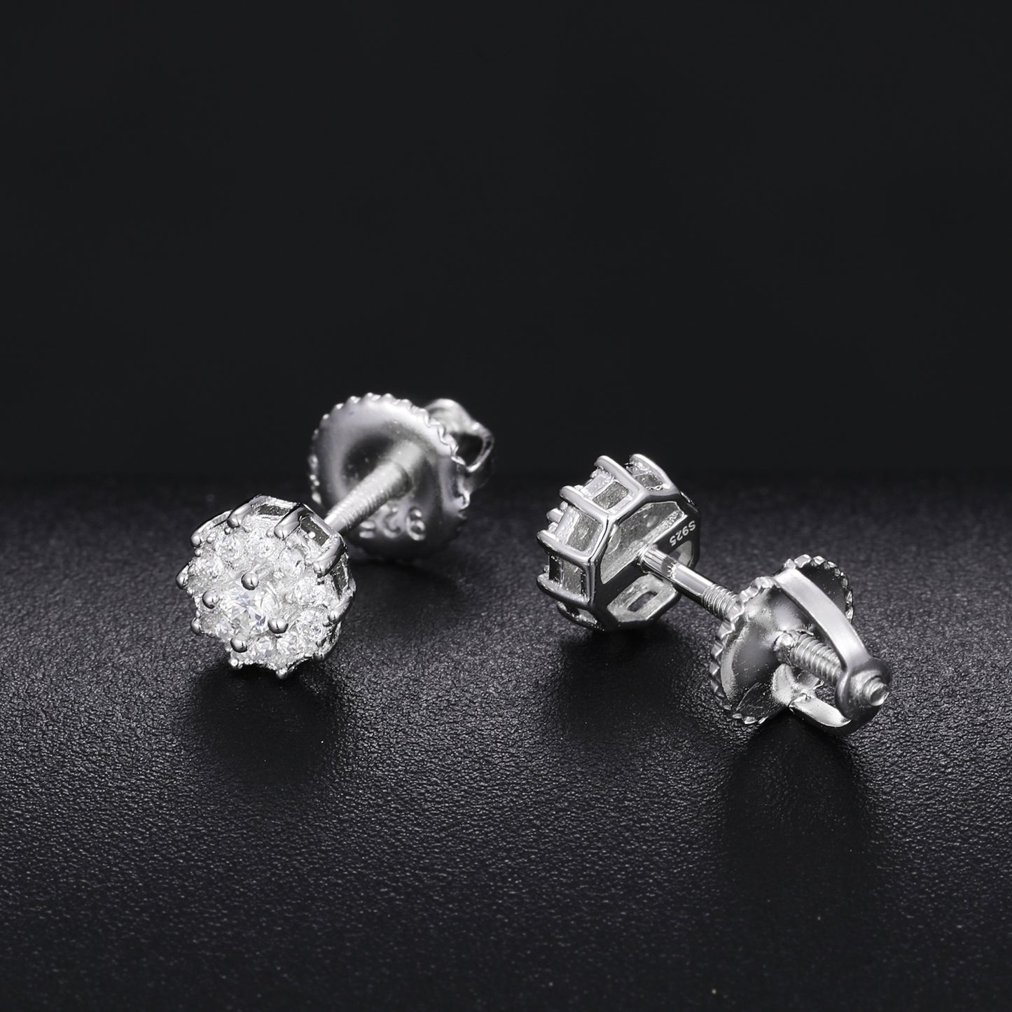 925 Silver Moissanite Round Halo Screw Back Stud Earrings TQE0150