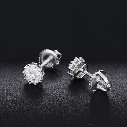 925 Silver Moissanite Round Halo Screw Back Stud Earrings TQE0150