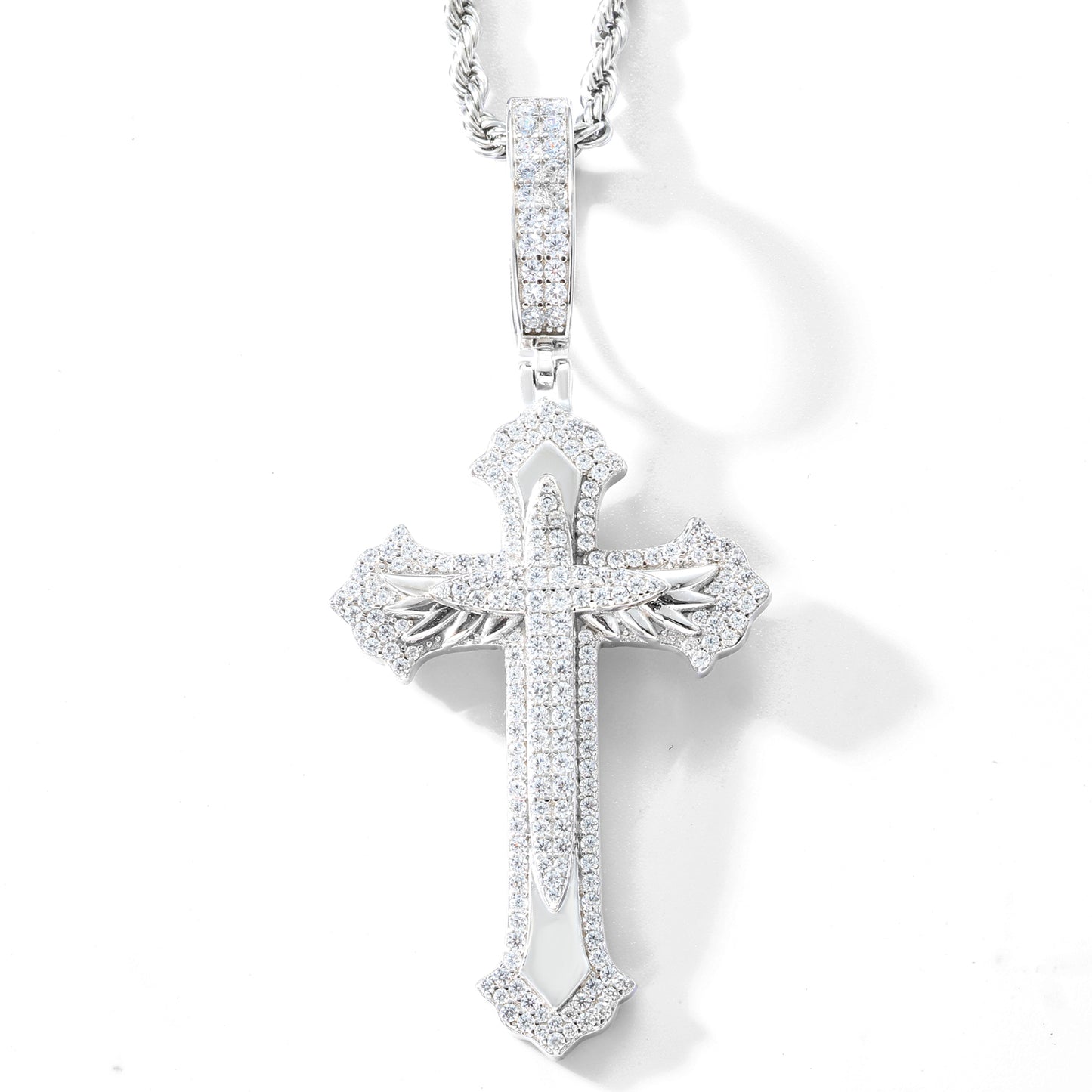 925 Silver Moissanite Feather Cross Pendant for Men TQP0681